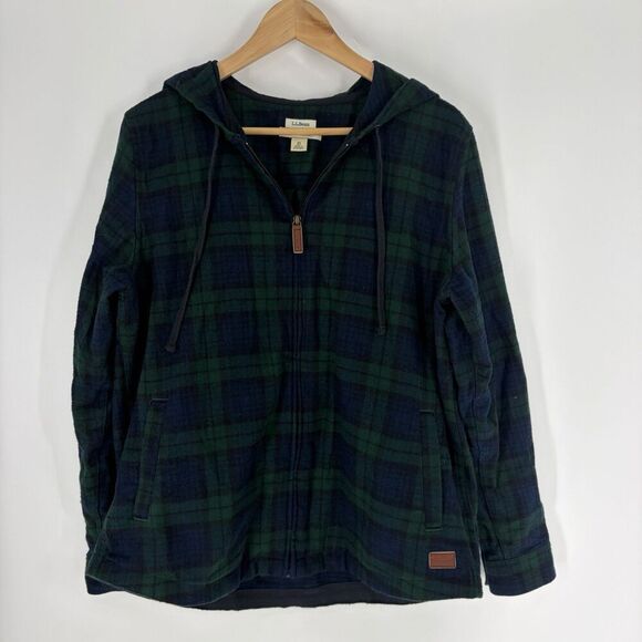 L.L. Bean Jackets & Blazers - LL Bean Shirt Jacket Size Medium Women Navy Scotch Plaid Flannel Zip Hoodie